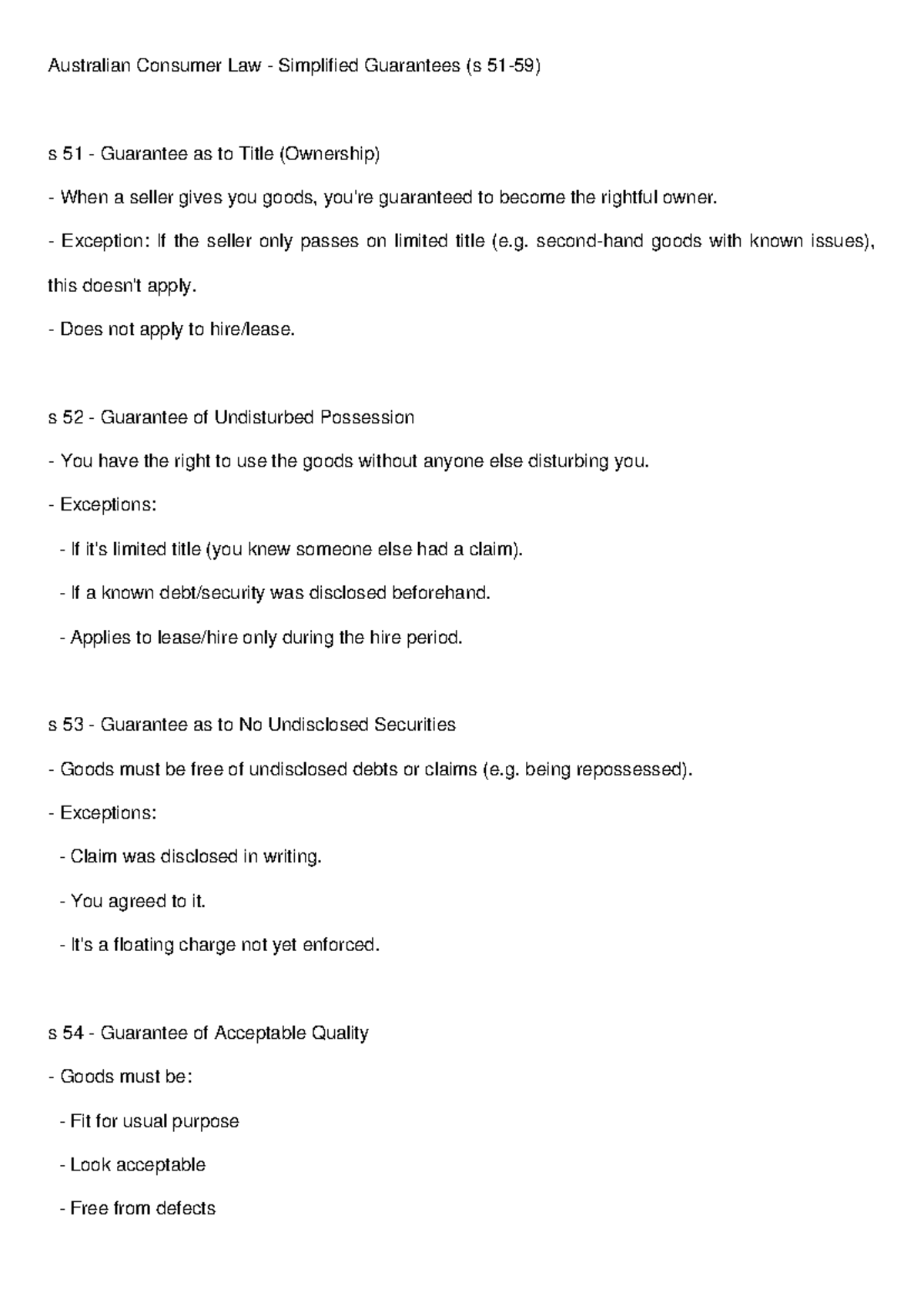 ACL - Consumer Guarantees: Simplified Overview of Key Provisions - Studocu