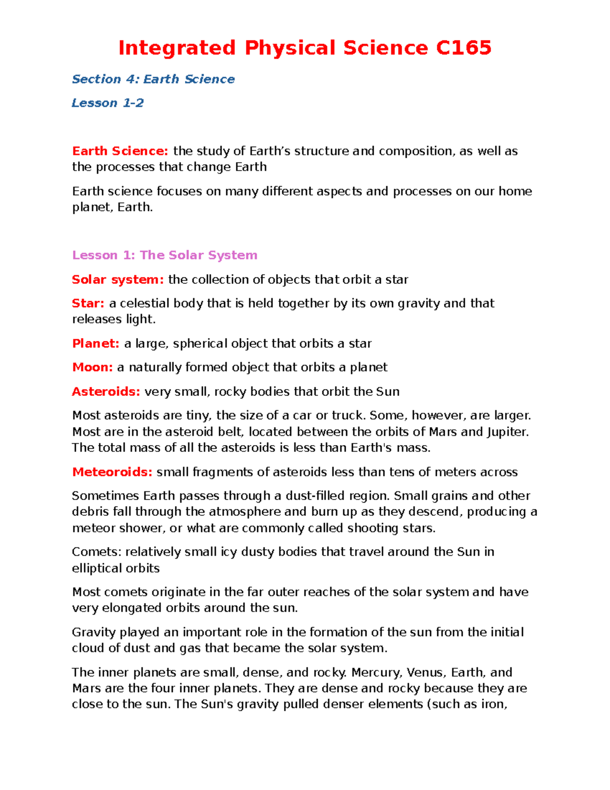 Integrated Physical Science C165: Earth Science Lesson Overview - Studocu