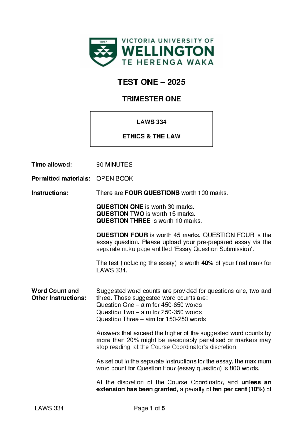 LAWS 334 Ethics Test One - April 2025 - Final Exam Instructions - Studocu