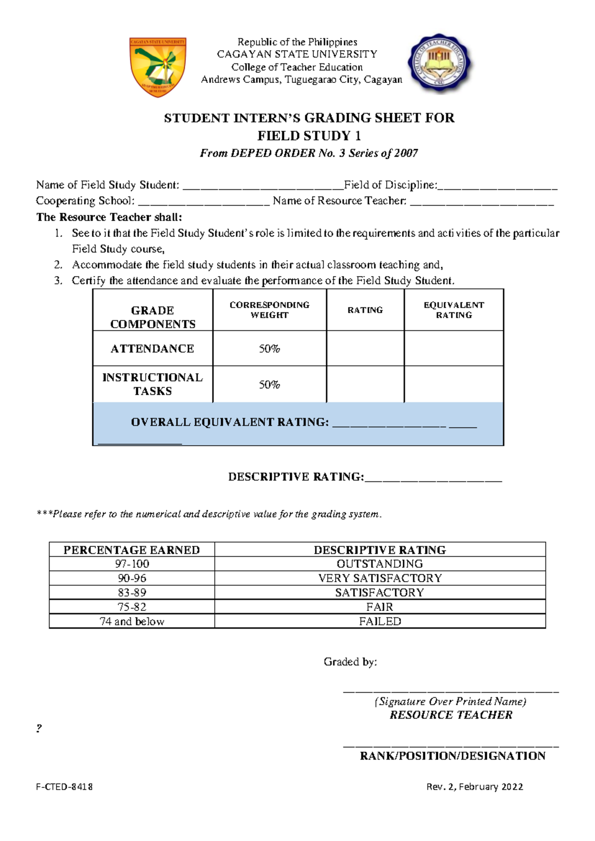 Grading Sheet for Field Study 1 & 2 - FS 8418 - Studocu