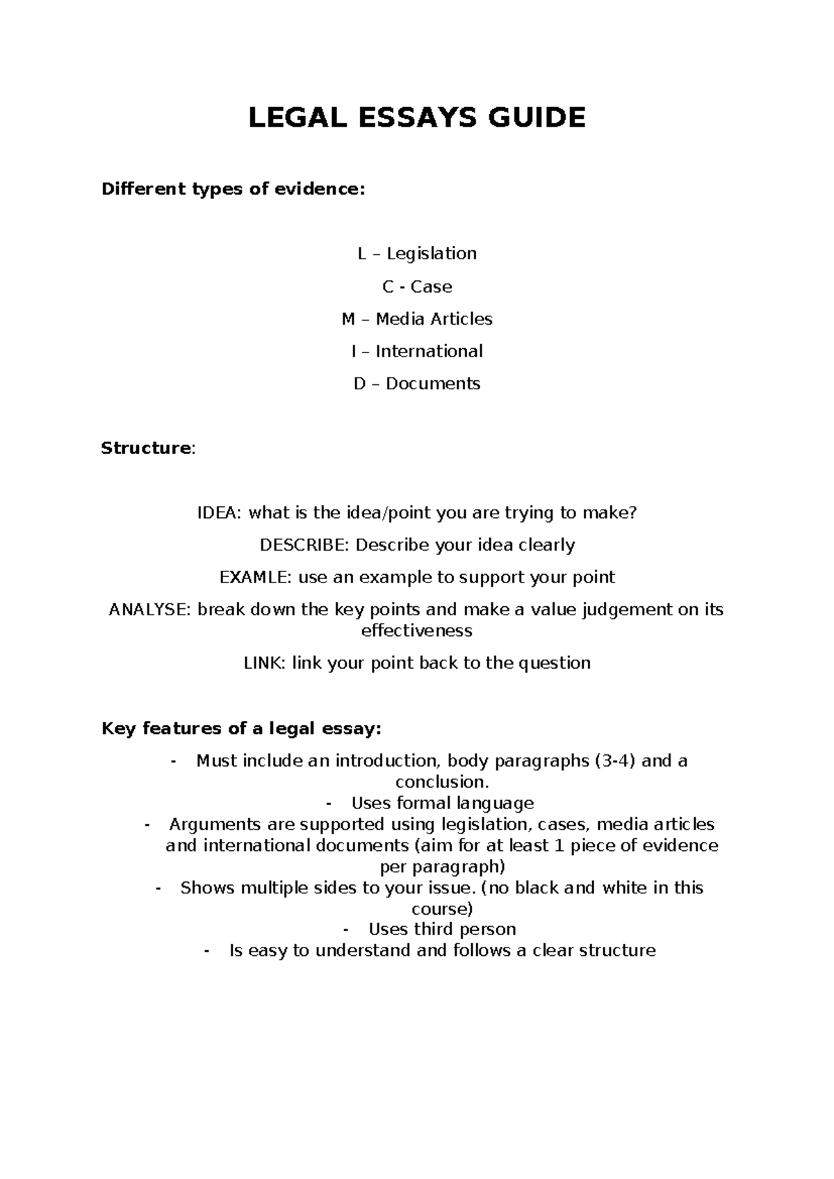 Guide to Legal Essay Writing - LEGAL ESSAYS GUIDE Different types of ...