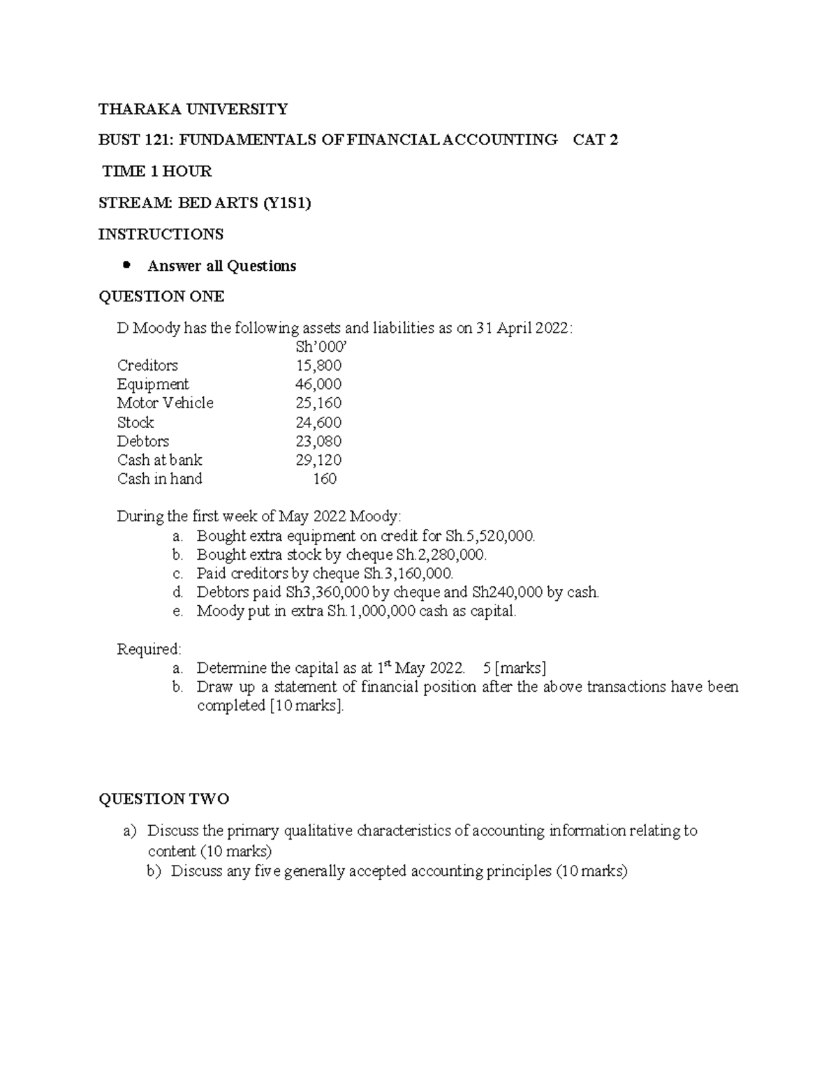 BUST 121 CAT 2 - Financial Accounting Fundamentals Exam Questions - Studocu