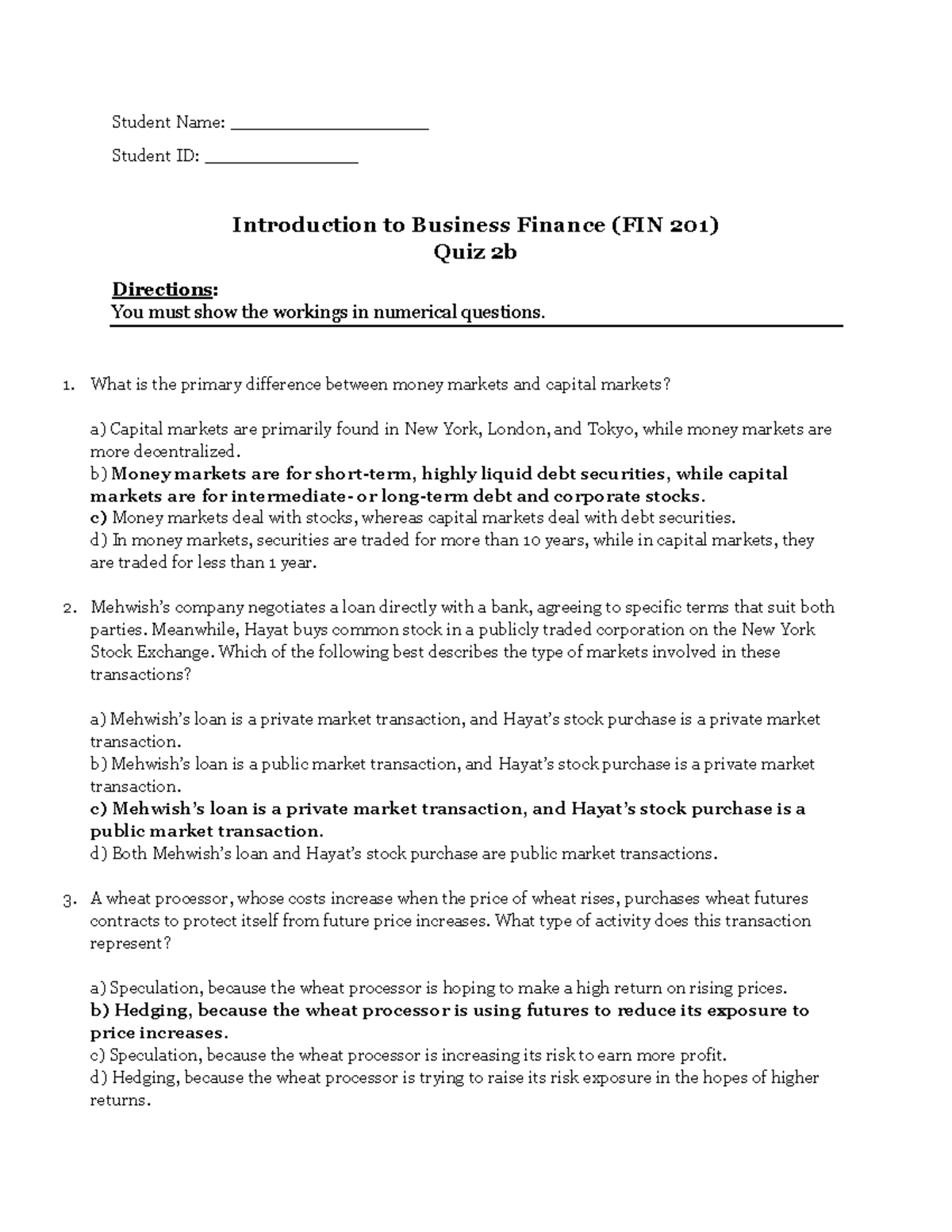 FIN 201 Introduction to Business Finance Quiz 2b Guide - Studocu