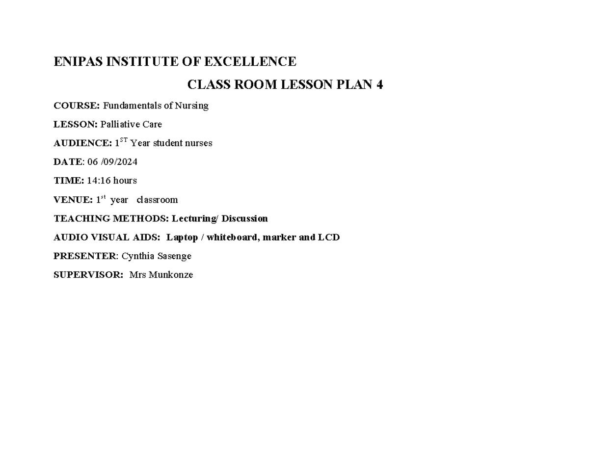 Palliative Care Lesson Plan for Nursing Students (FON 101) - Studocu