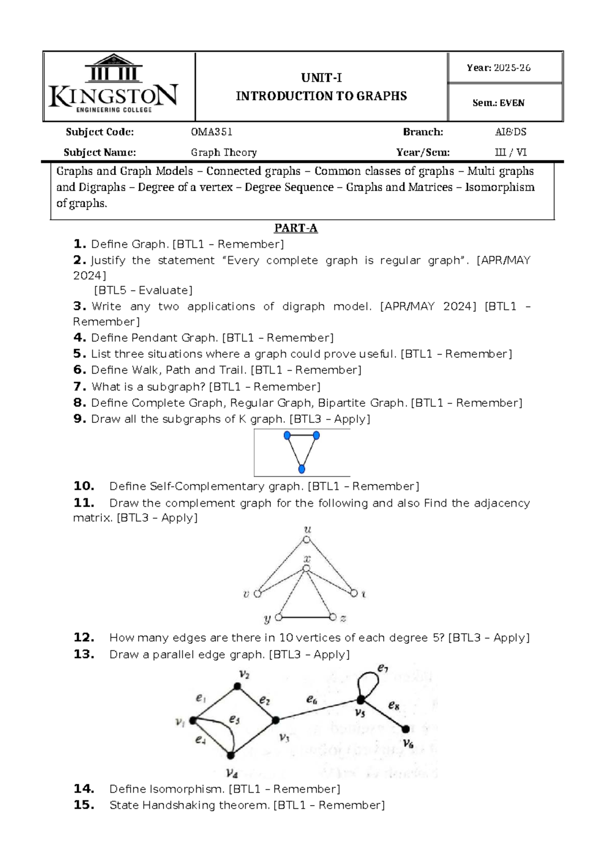Oma351 - Graph Theory Unit 1 Question Bank 2026 FULL RBT - Studocu