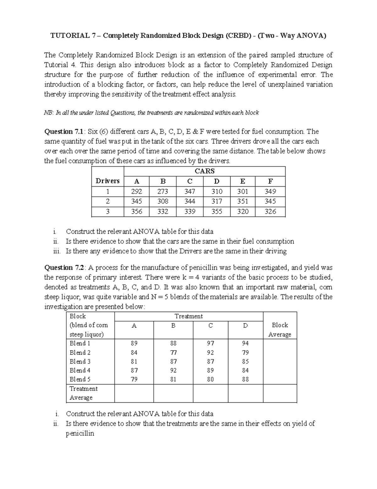 AEE 302 Note - Unit 6: One Factor Designs & ANOVA Analysis - Studocu