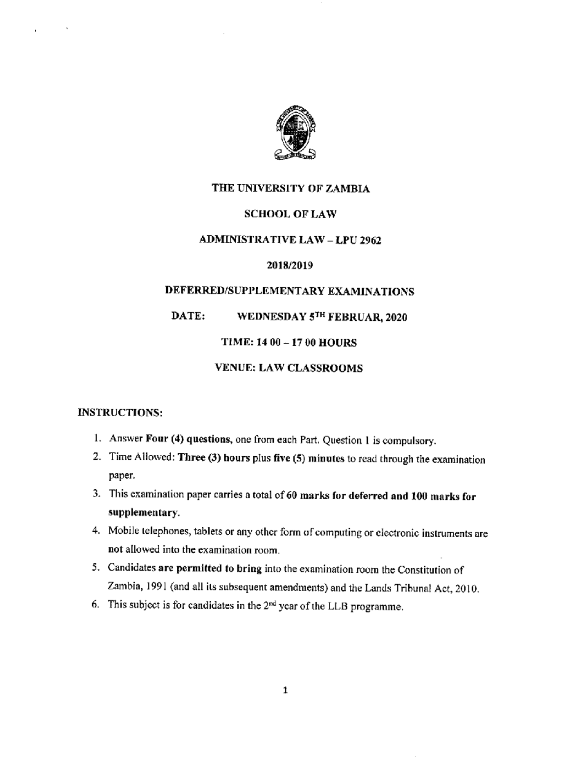 Administrative Law LPU 2962 Supplementary Exam Past Paper 2020 - Studocu
