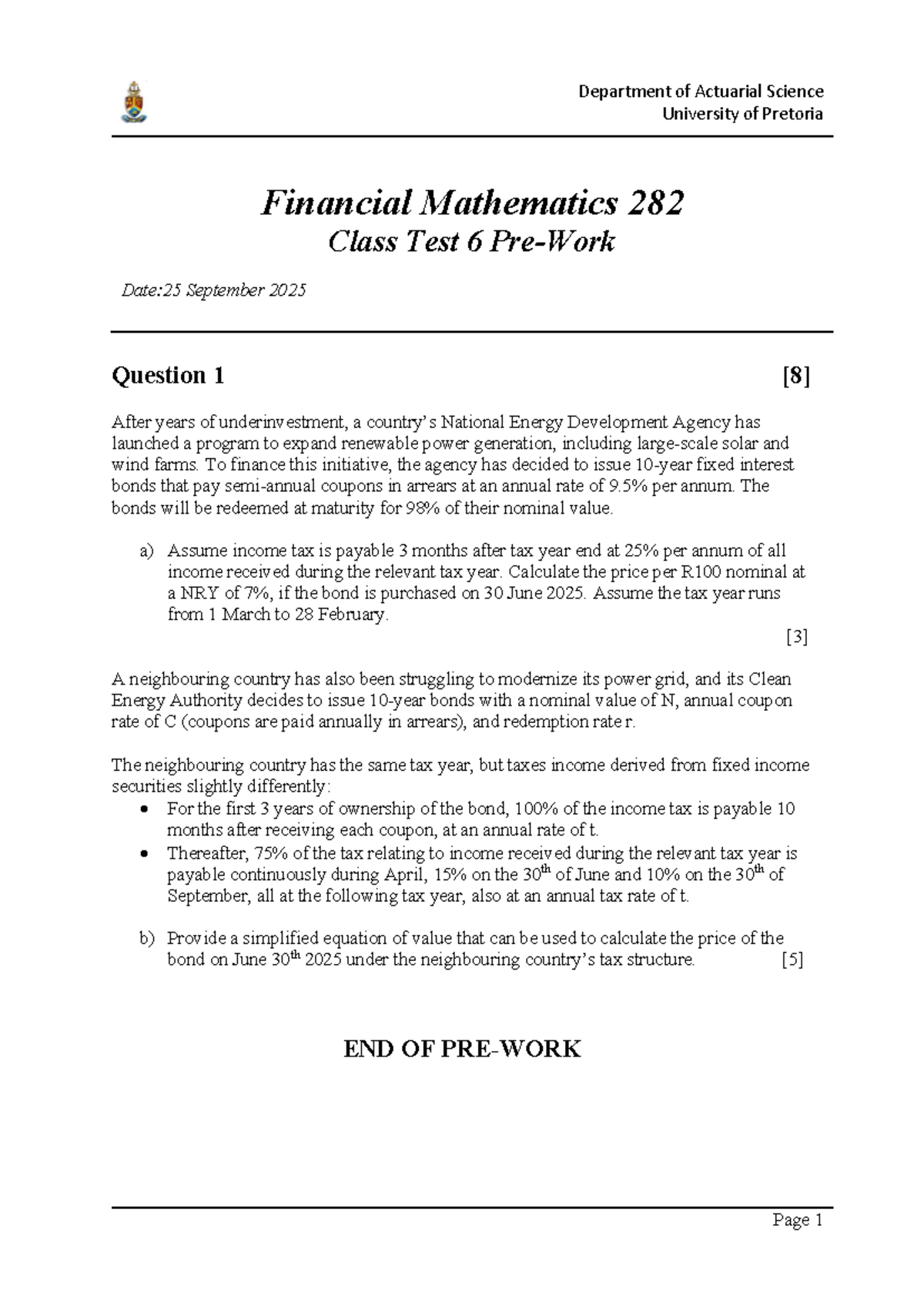 IAS 282 Class Test 6: Financial Mathematics Pre-Work Guide - Studocu