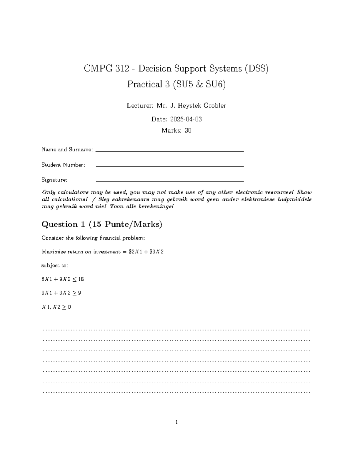 CMPG 312 Decision Support Systems Practical 3 - Practice - Studocu