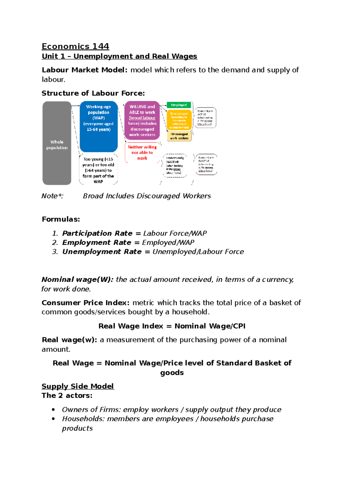 Economics 144 Unit 1 - Unemployment, Wages & Labour Market Model Notes ...