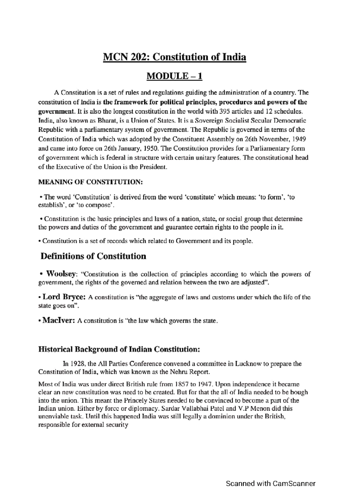 MCN 202: Detailed Class Notes on the Constitution of India - Studocu