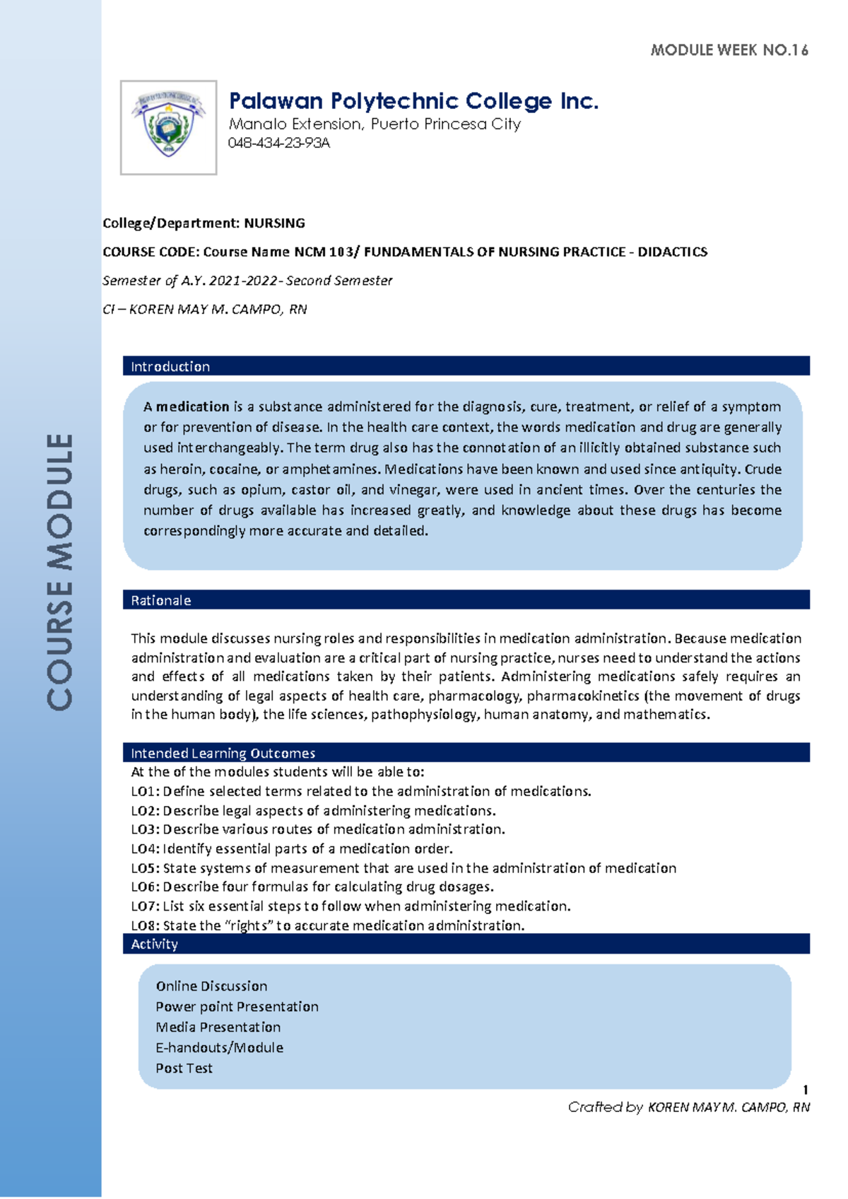Fundamentals of Nursing Practice NCM 103: Medication Administration ...