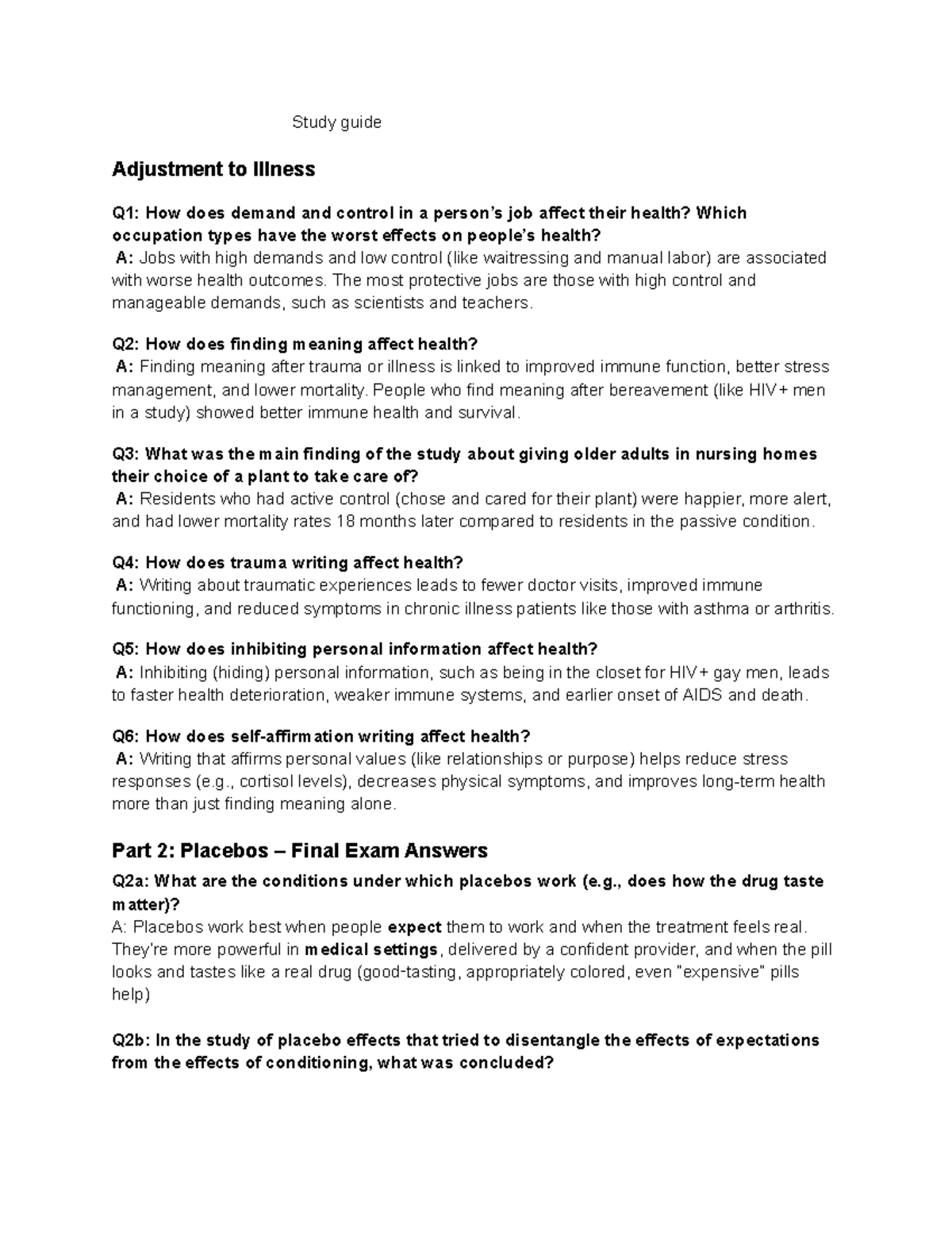 Adjustment to Illness and Placebos: Final Exam Study Guide (PSY 101 ...