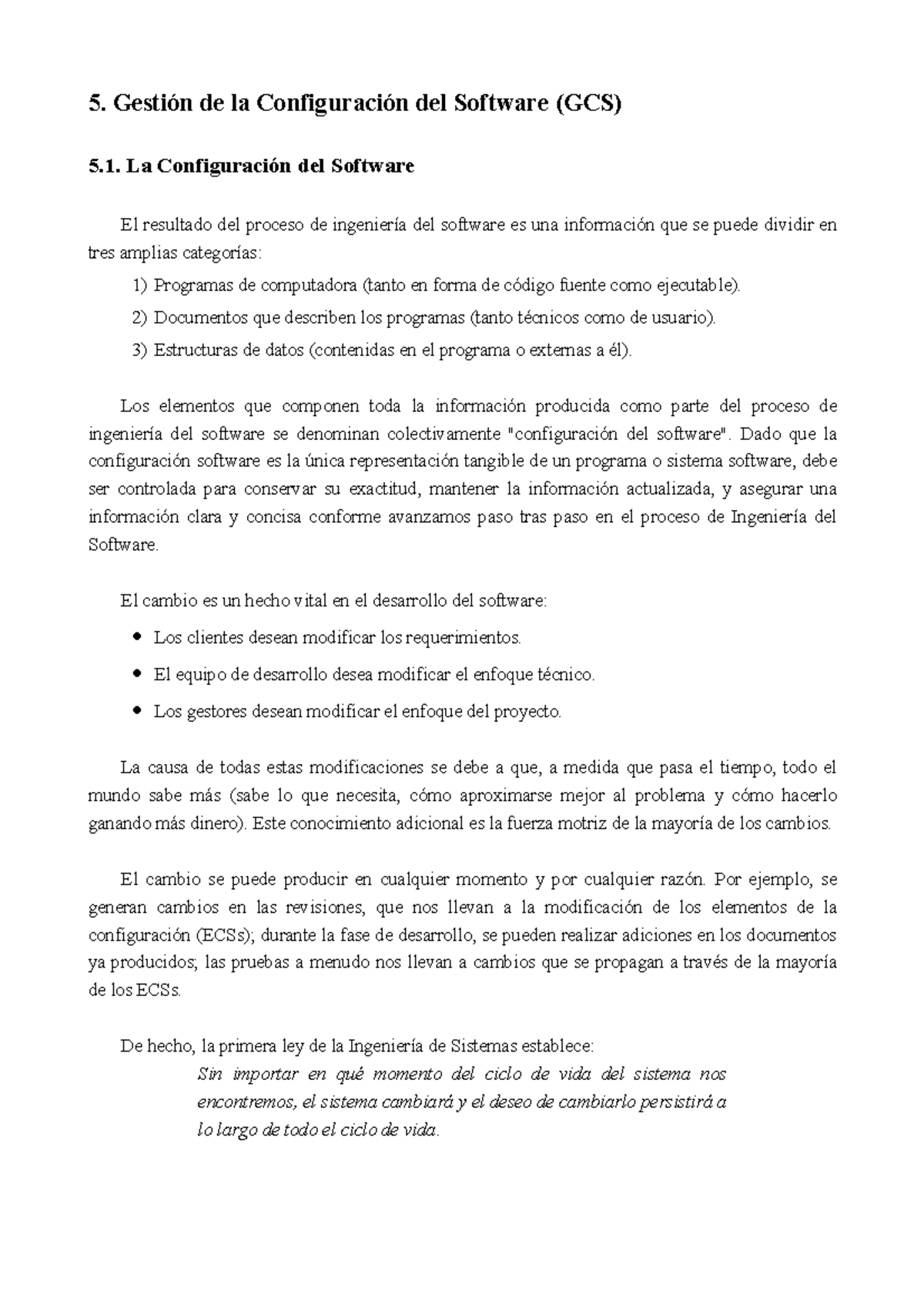 Tema 5: Gestión de la Configuración del Software (GCS) - Apuntes - Studocu