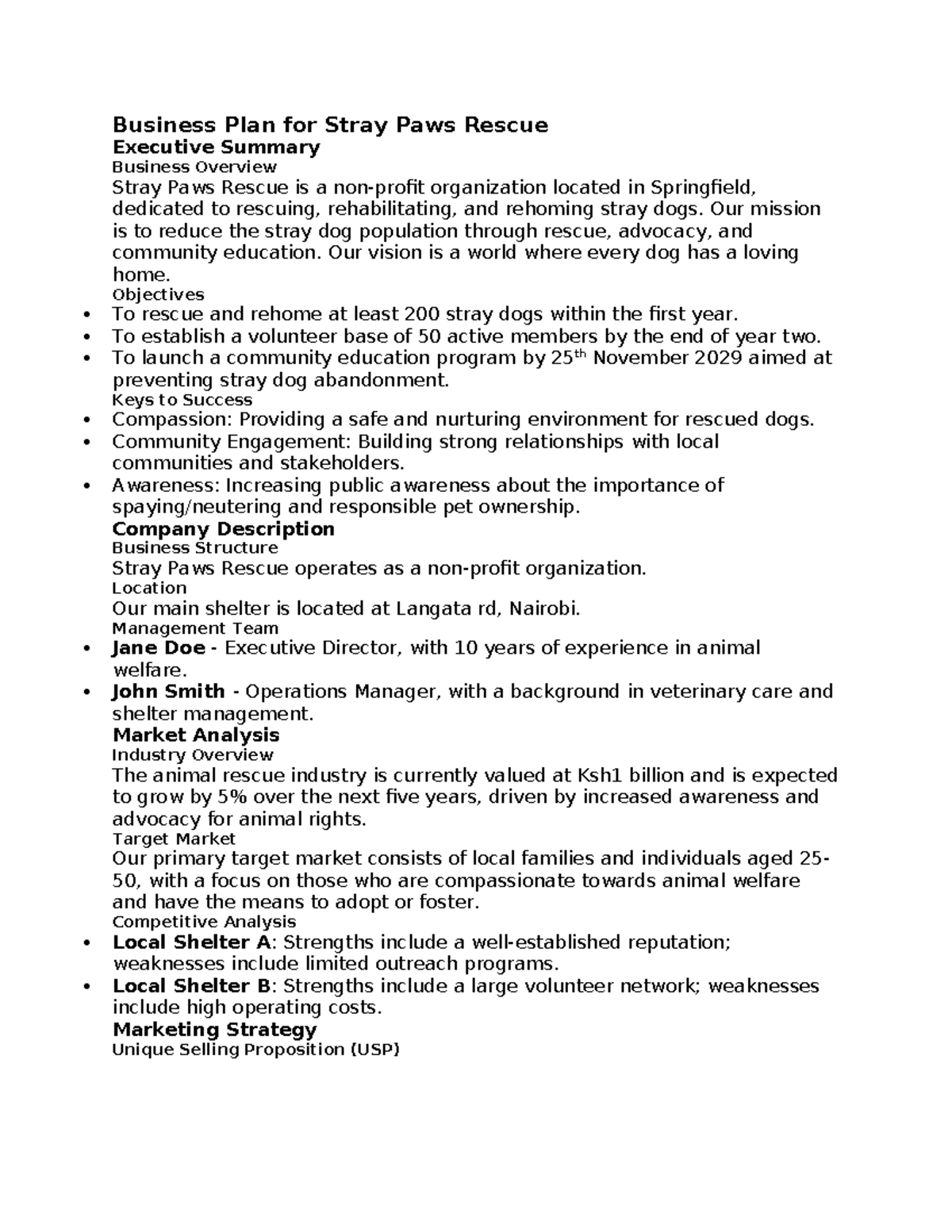 Business Plan for Stray Paws Rescue (Non-profit) - Studocu