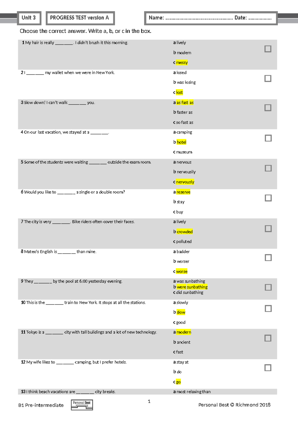 PB Am E B1 Unit 3 Progress Test Version A - Studocu