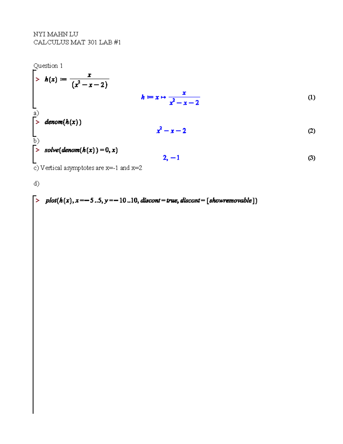 Calculus MAT 301 Lab 1: Exploring Functions and Asymptotes - Studocu