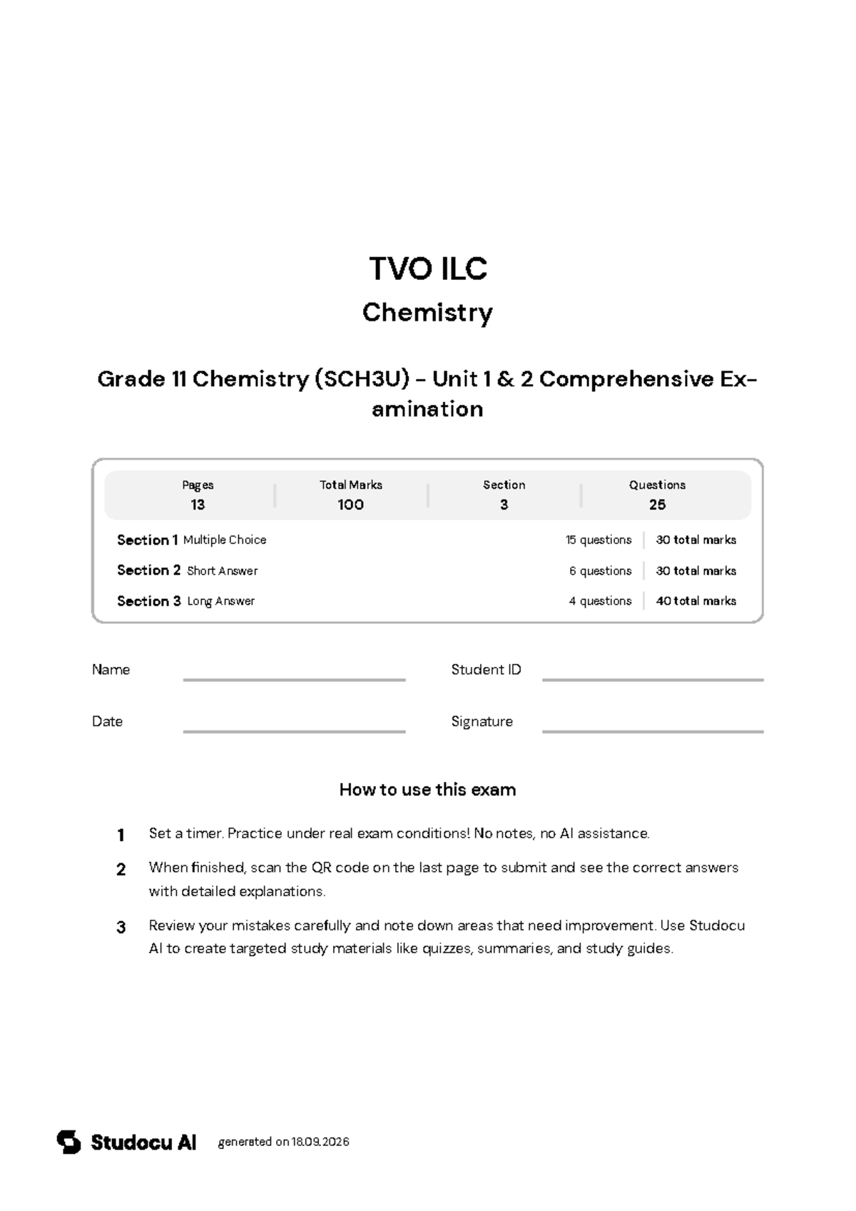 Grade 11 Chemistry (SCH3U) - Unit 1 & 2 Comprehensive Exam - Studocu