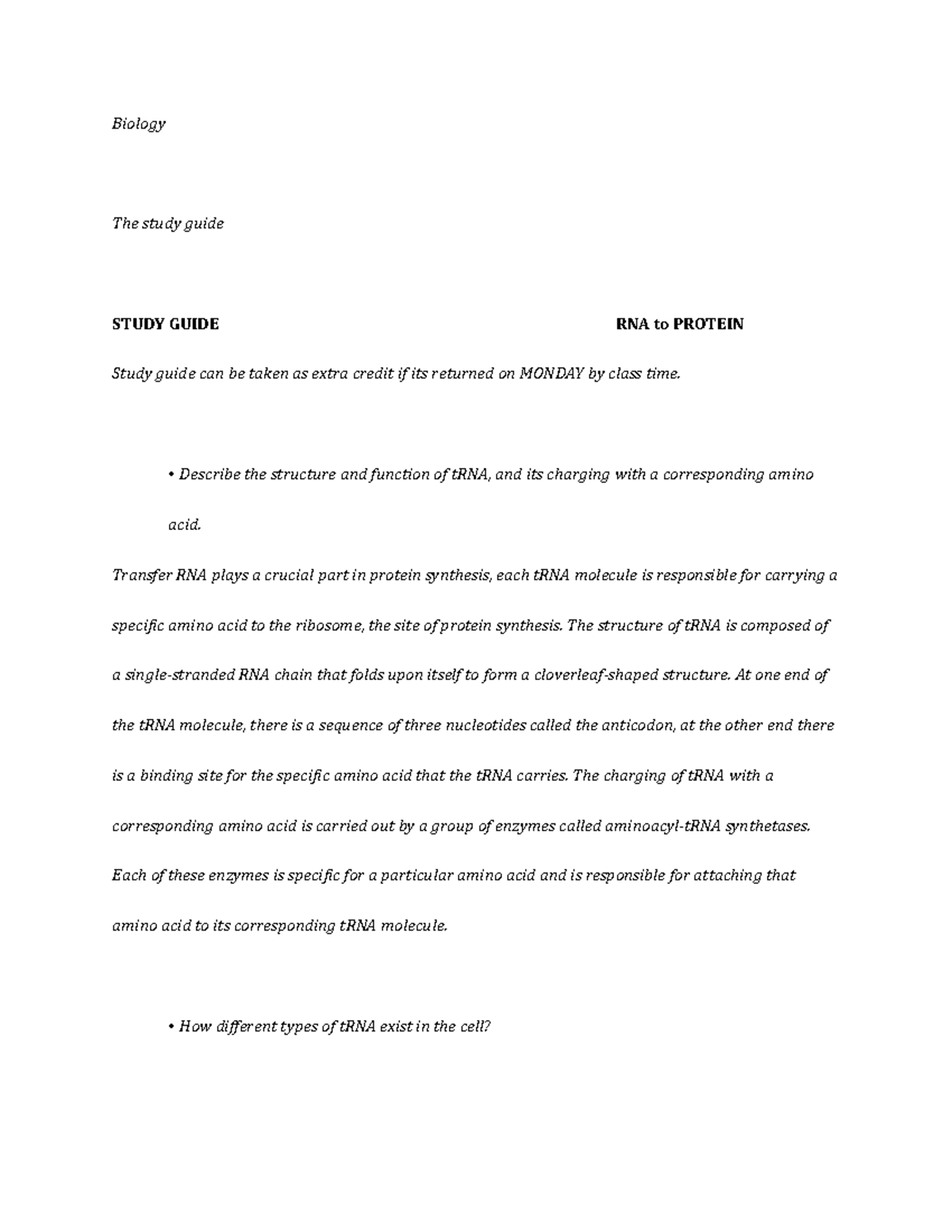 Biology 101: RNA to Protein Final Exam Study Guide - Studocu