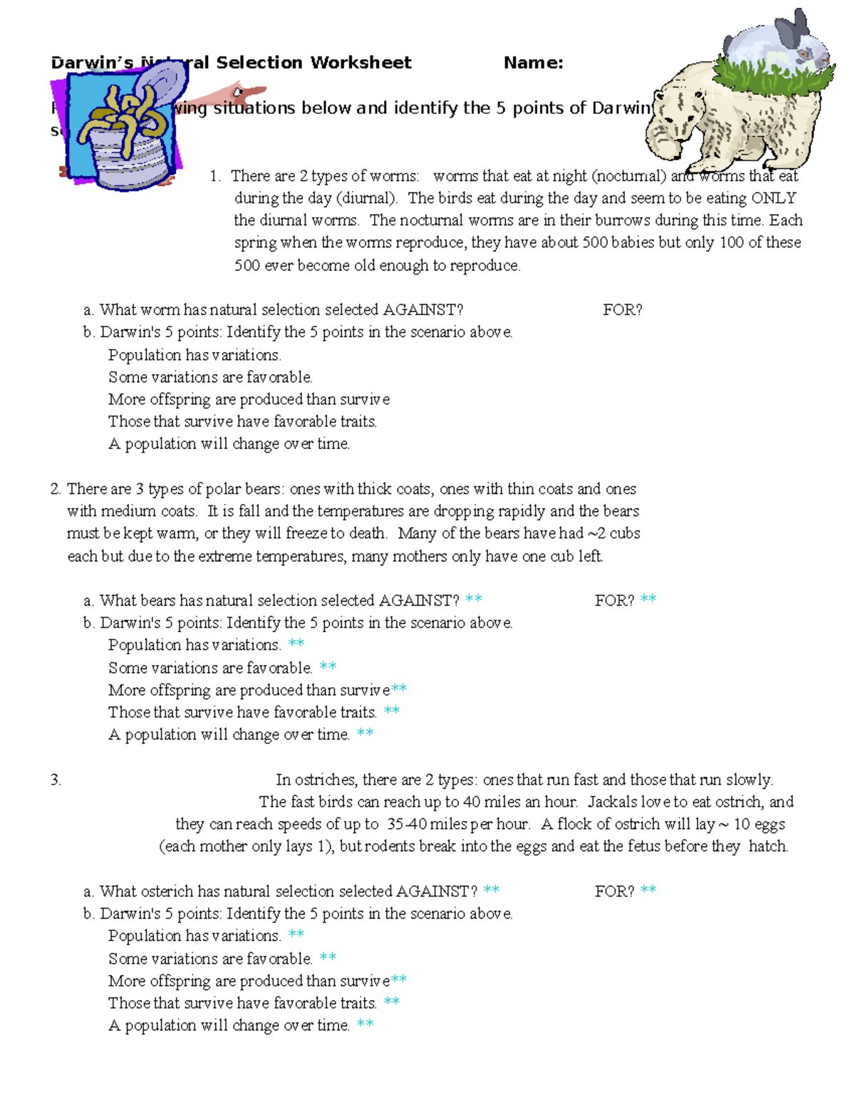 Darwin’s Natural Selection Worksheet - Answers &amp; Analysis - Studocu
