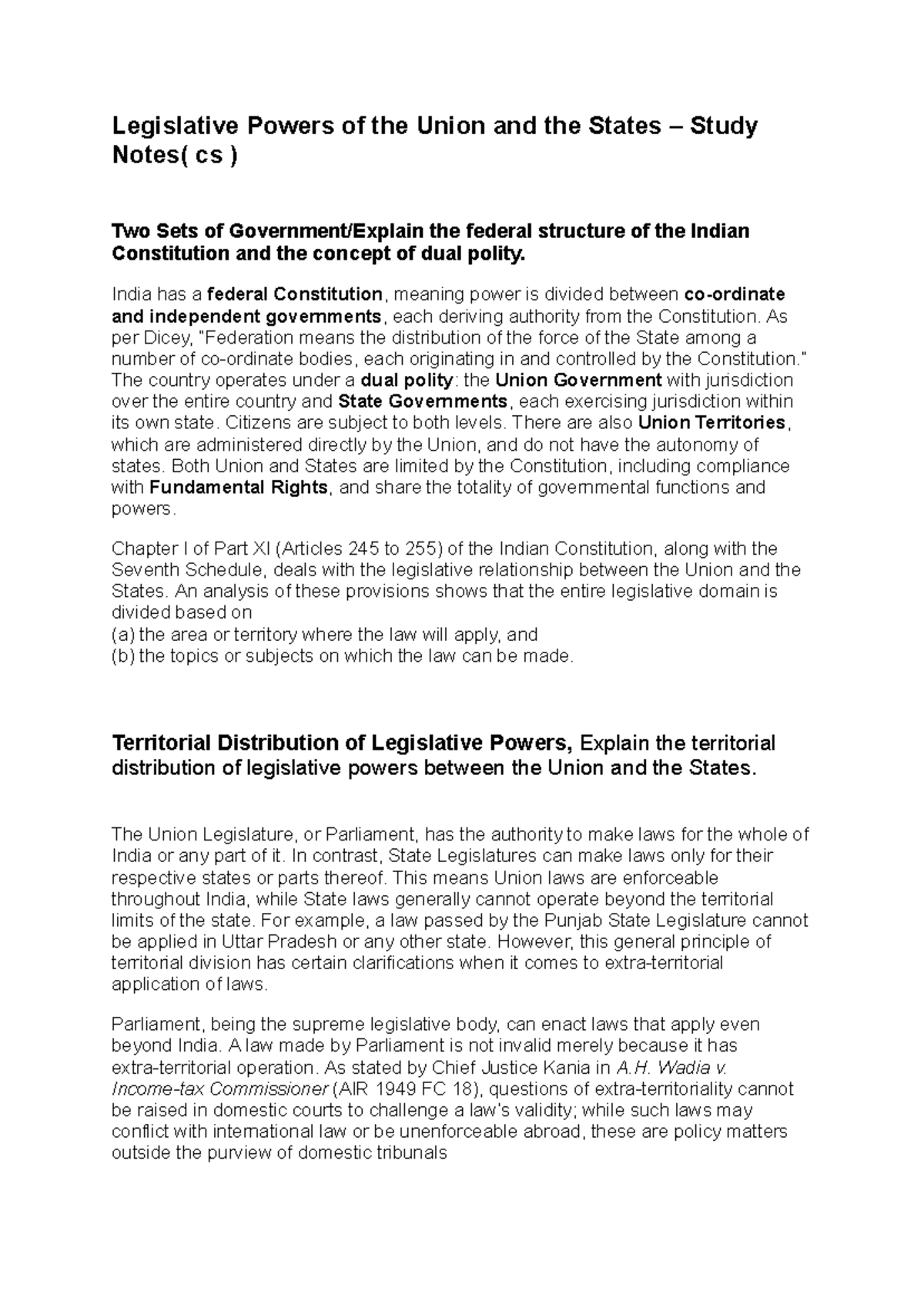Legislative Powers of the Union and States: CS Study Notes - Studocu