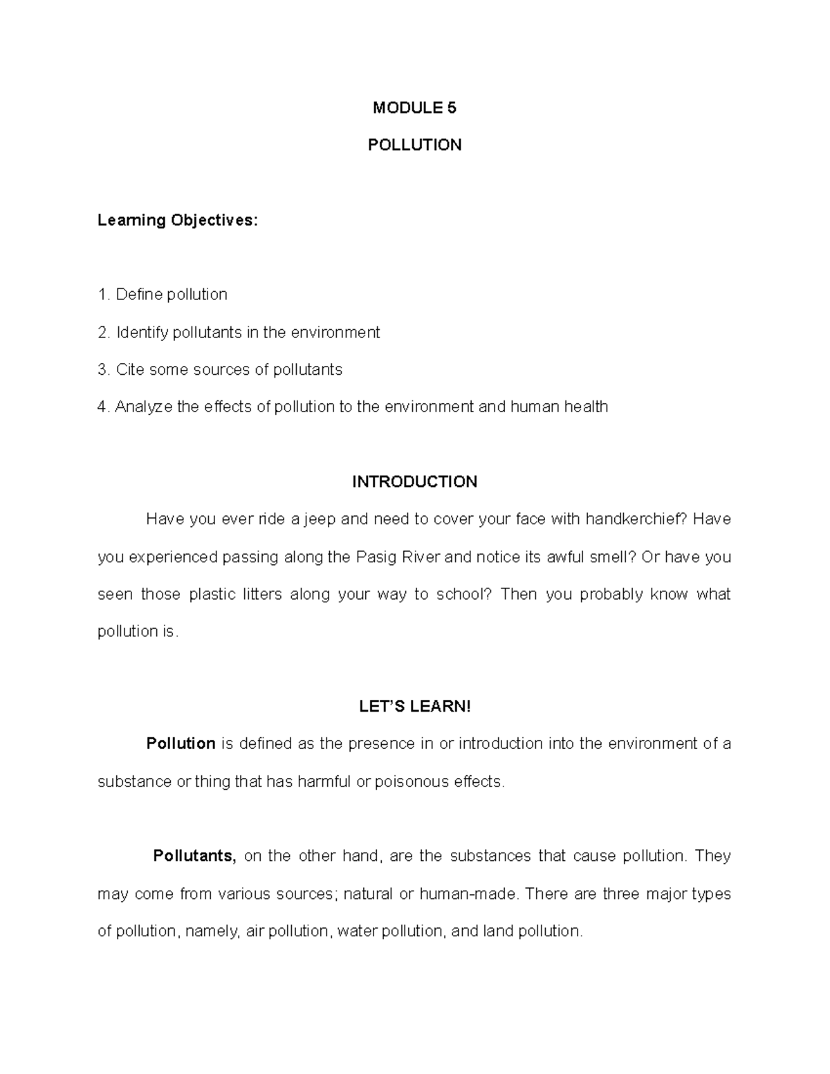 Module 5: Understanding Pollution - Types, Sources, and Effects - Studocu