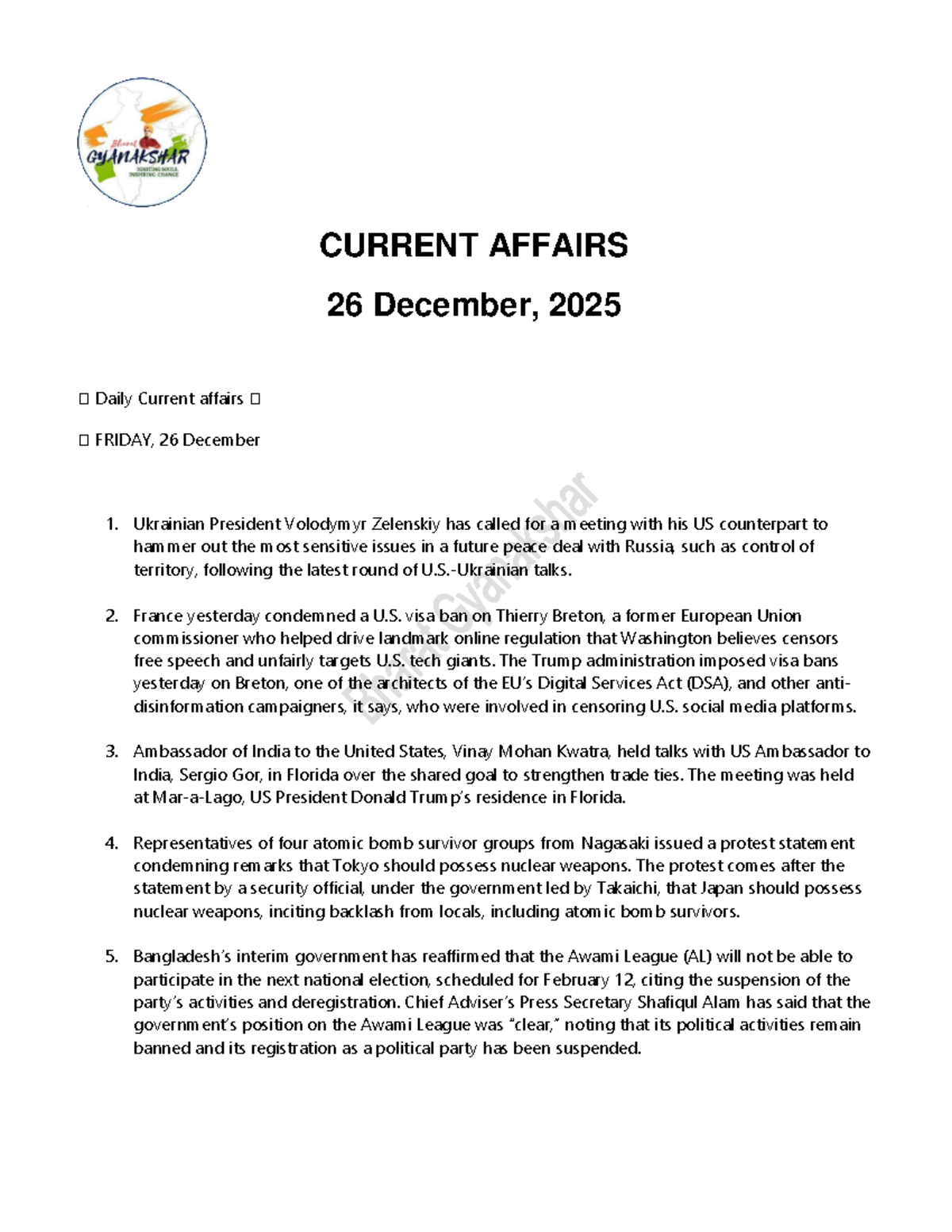 Daily Current Affairs - 26 December 2025 - Studocu