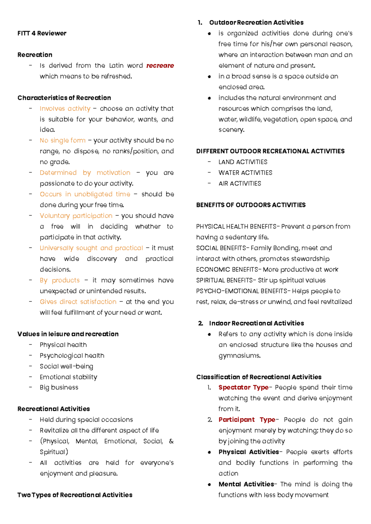 Outdoor Recreation Activities Overview: FITT 4 Reviewer Guide - Studocu