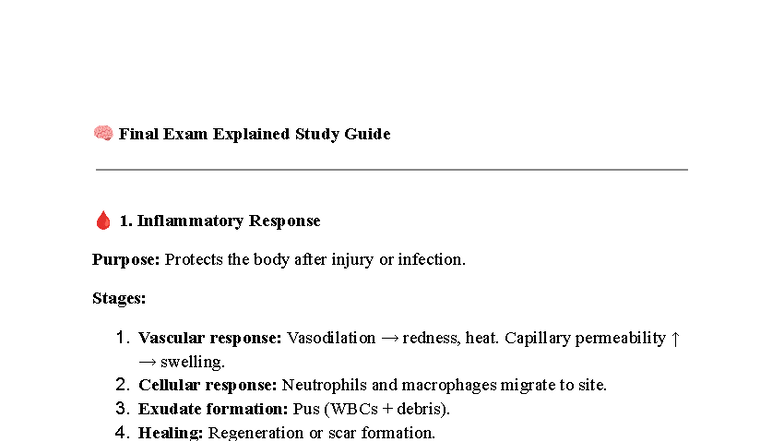 Patho 101 Final Exam Study Guide: Inflammatory Response & More - Studocu
