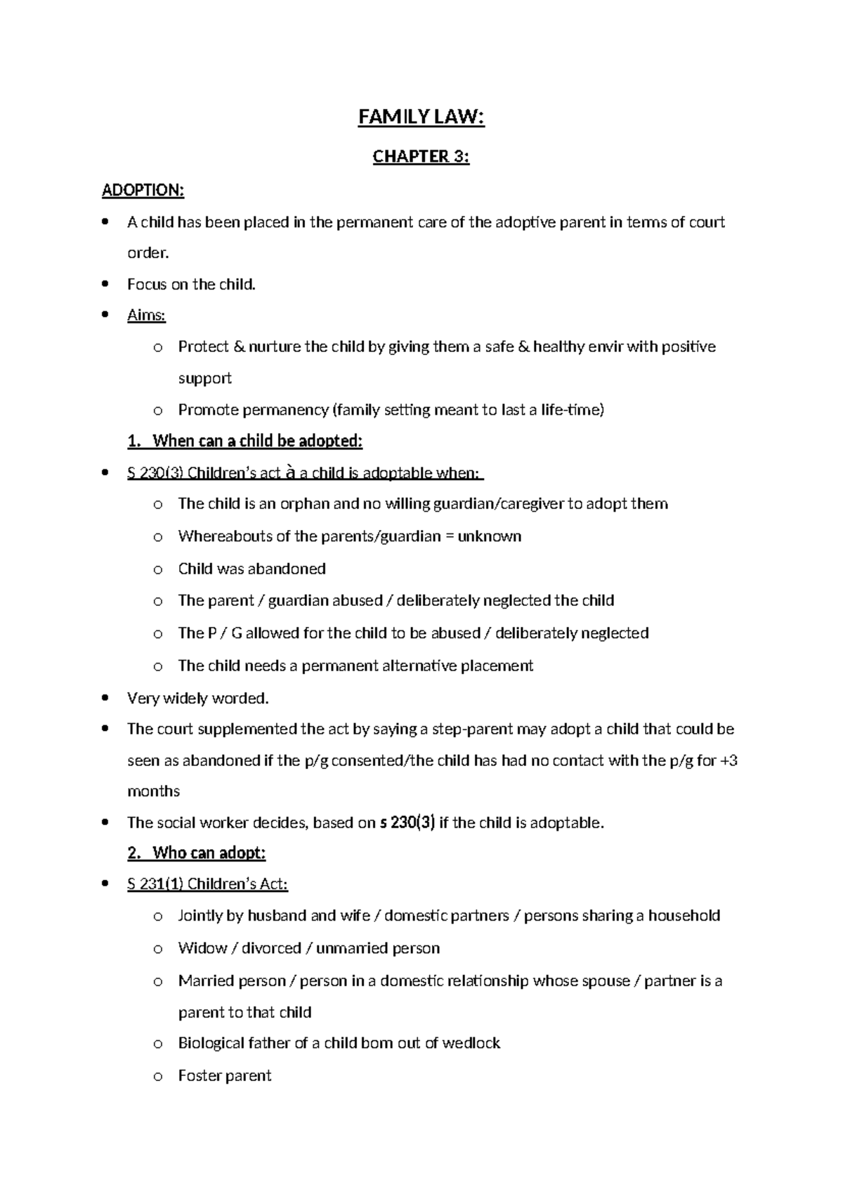 Family LAW Chapter 3 - FAMILY LAW: CHAPTER 3: ADOPTION: A child has ...