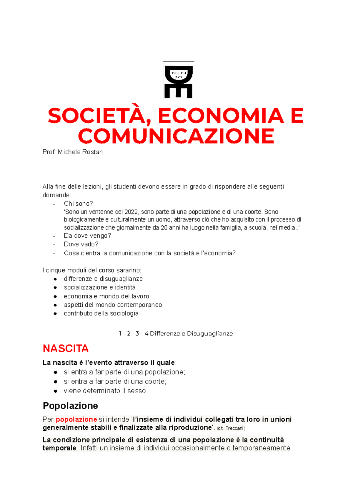 Sociologia, Economia e Comunicazione - Corso di Prof. Michele Rostan ...