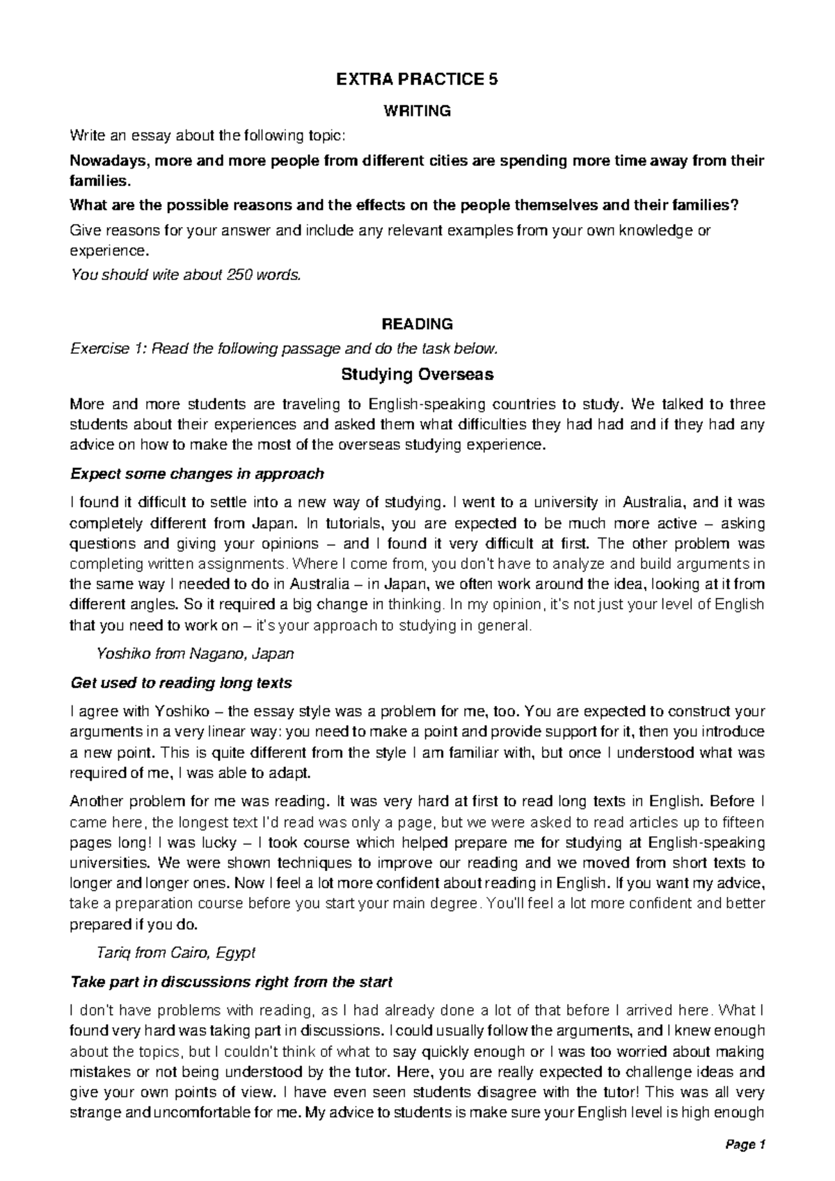 Extra Practice 5: Writing & Reading Exercises - Studocu