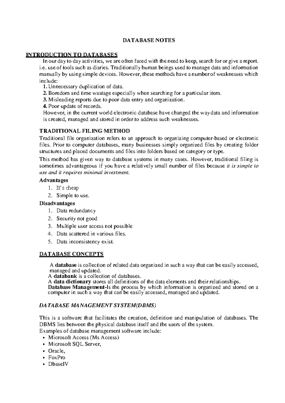 Dbase Notes 1 - Comprehensive Guide to Database Management - Studocu