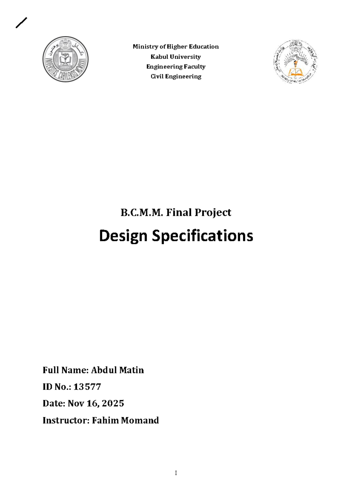 B.C.M.M. Final Project: Design Specifications for Civil Engineering ...