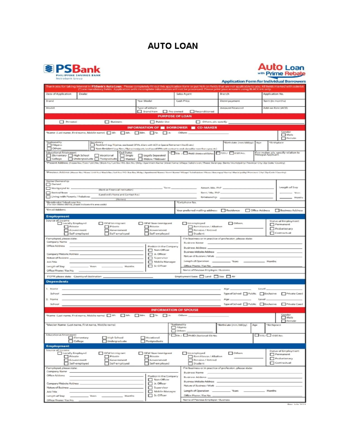 PSBank Auto Loan Application Form for Individual Borrowers - Studocu