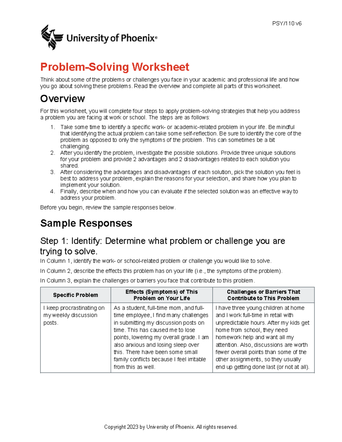 PSY/110 v Problem-Solving Worksheet for Wk 4 Summative Assessment - Studocu