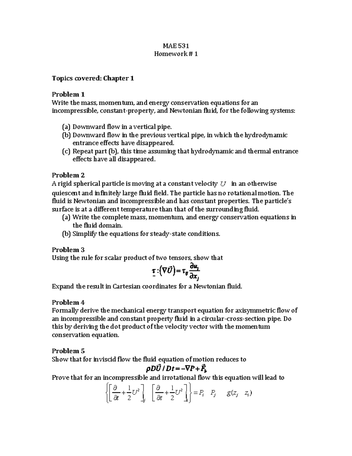 MAE 531 Homework 1: Conservation Equations for Fluid Dynamics - Studocu