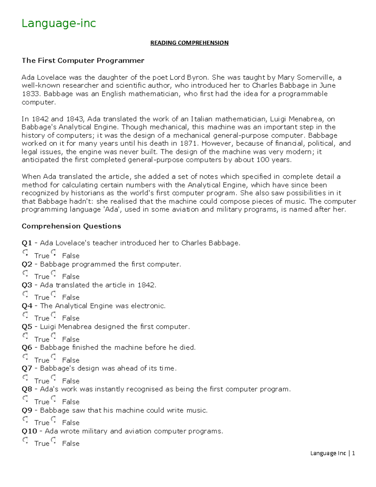 Reading Comprehension - READING COMPREHENSION The First Computer ...