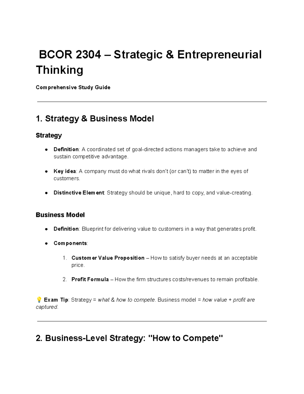 BCOR 2304 Final Exam Study Guide: Strategic & Entrepreneurial Thinking ...