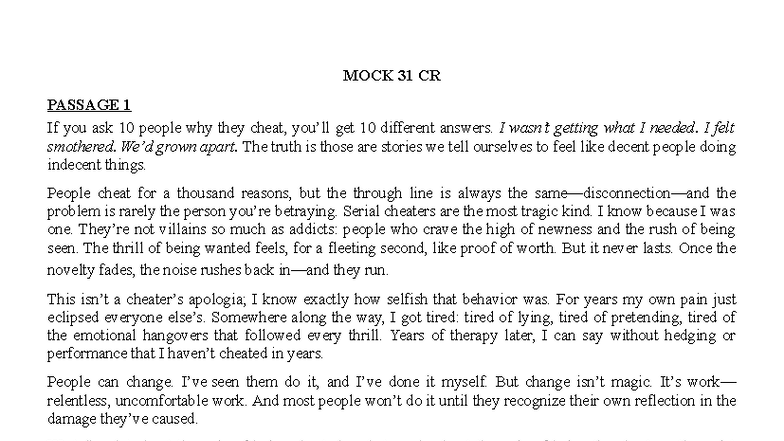 MOCK 31 CR-1: Understanding Cheating and Its Emotional Impact - Studocu