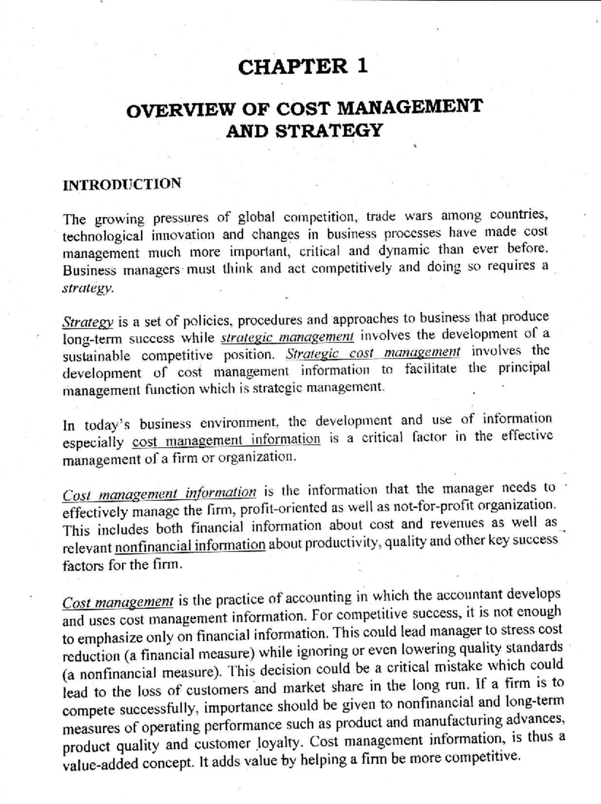 CHAPTER 1: OVERVIEW OF STRATEGIC COST MANAGEMENT - Studocu