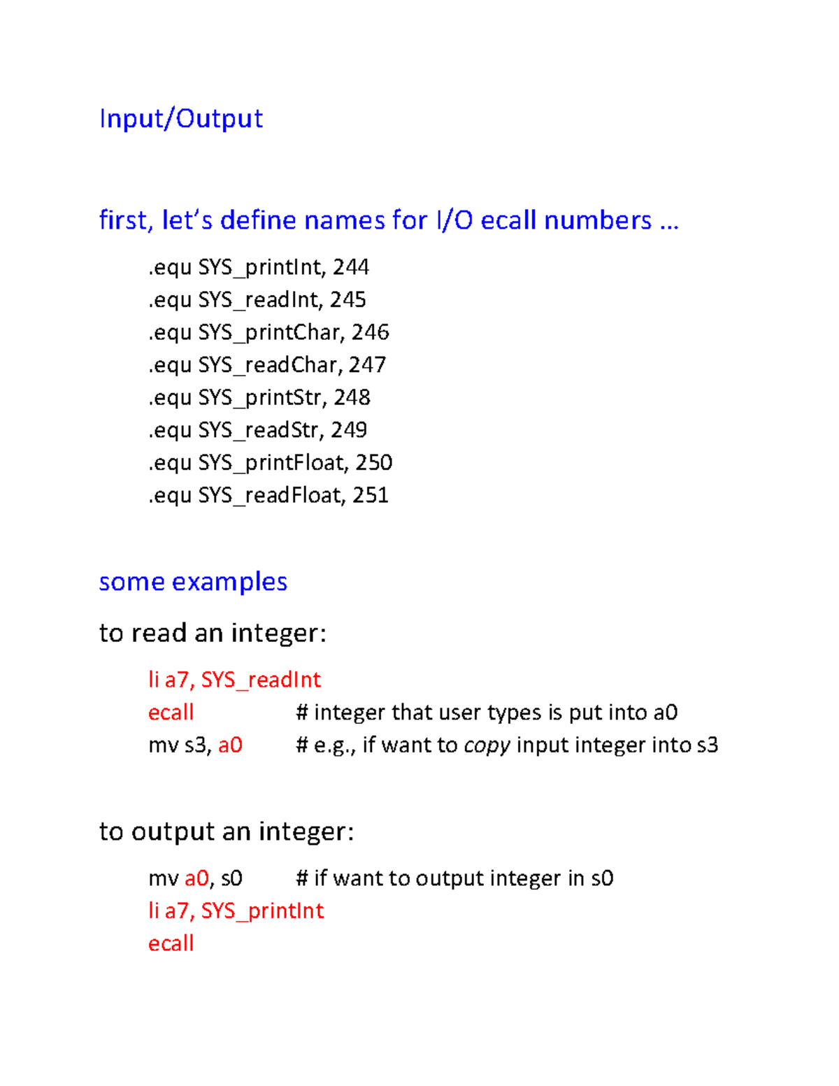 Lecture 7 - Ecall Numbers and Input/Output Examples in Assembly - Studocu
