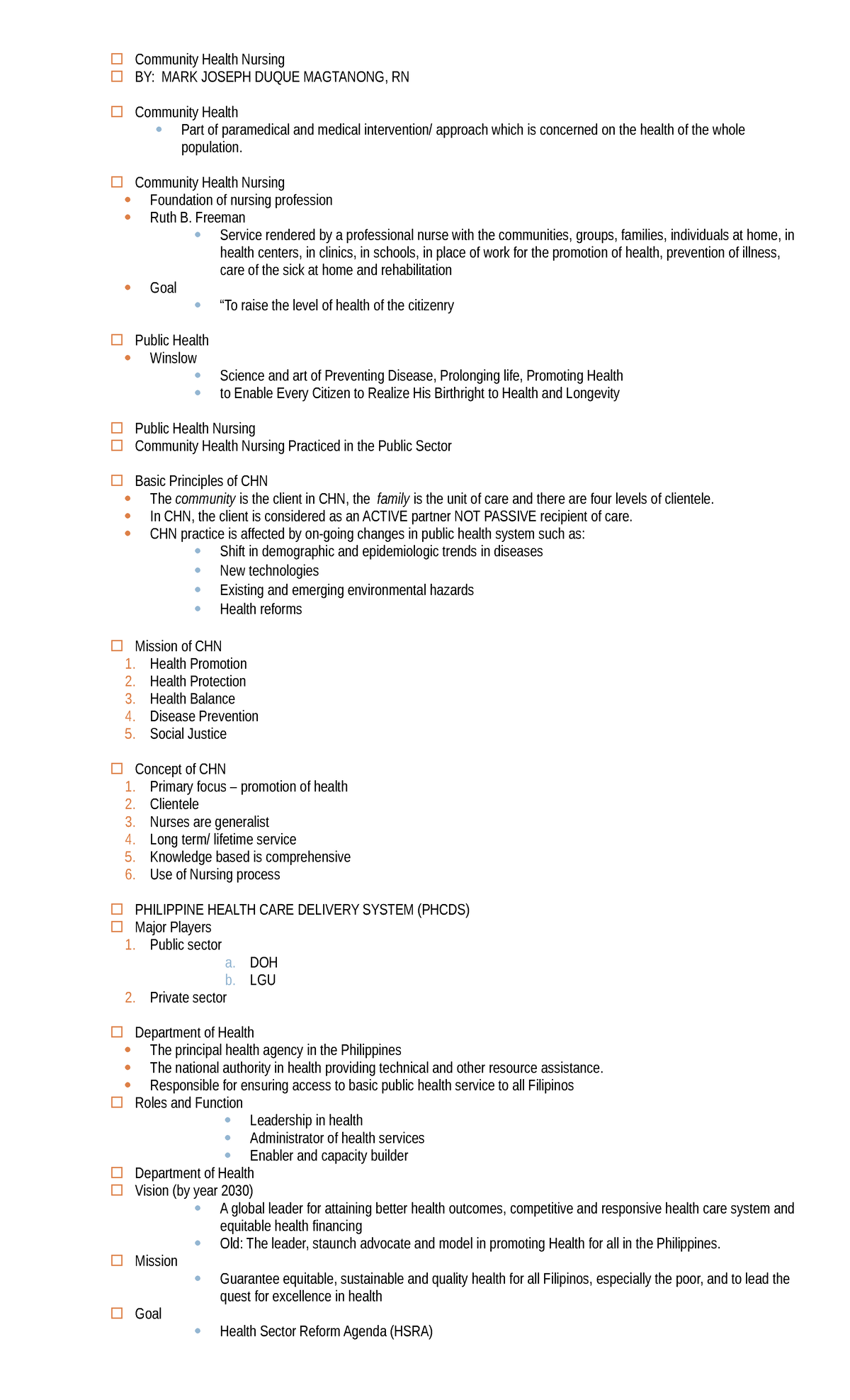 Nursing 201: Comprehensive Community Health Nursing Review Notes - Studocu