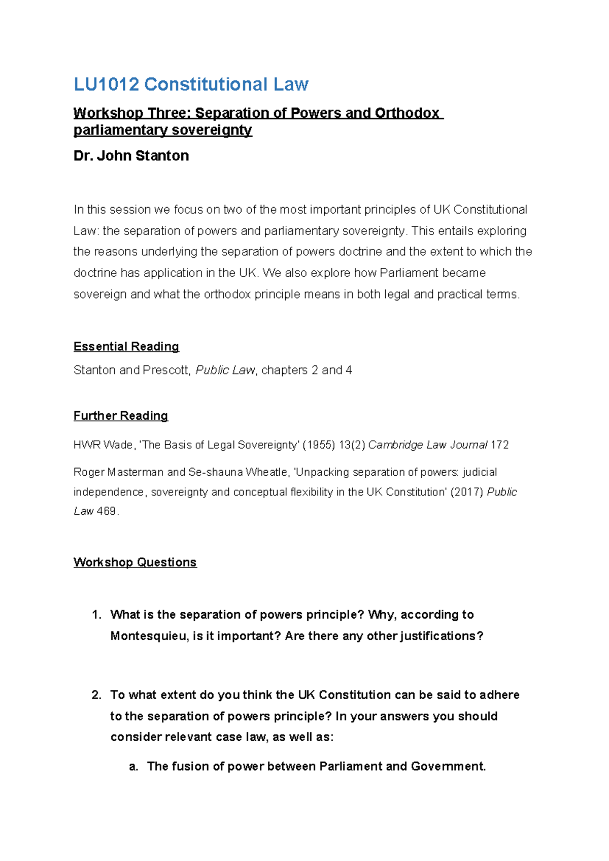 Workshop 3 - practice questions for constitutional law - LU1012 ...