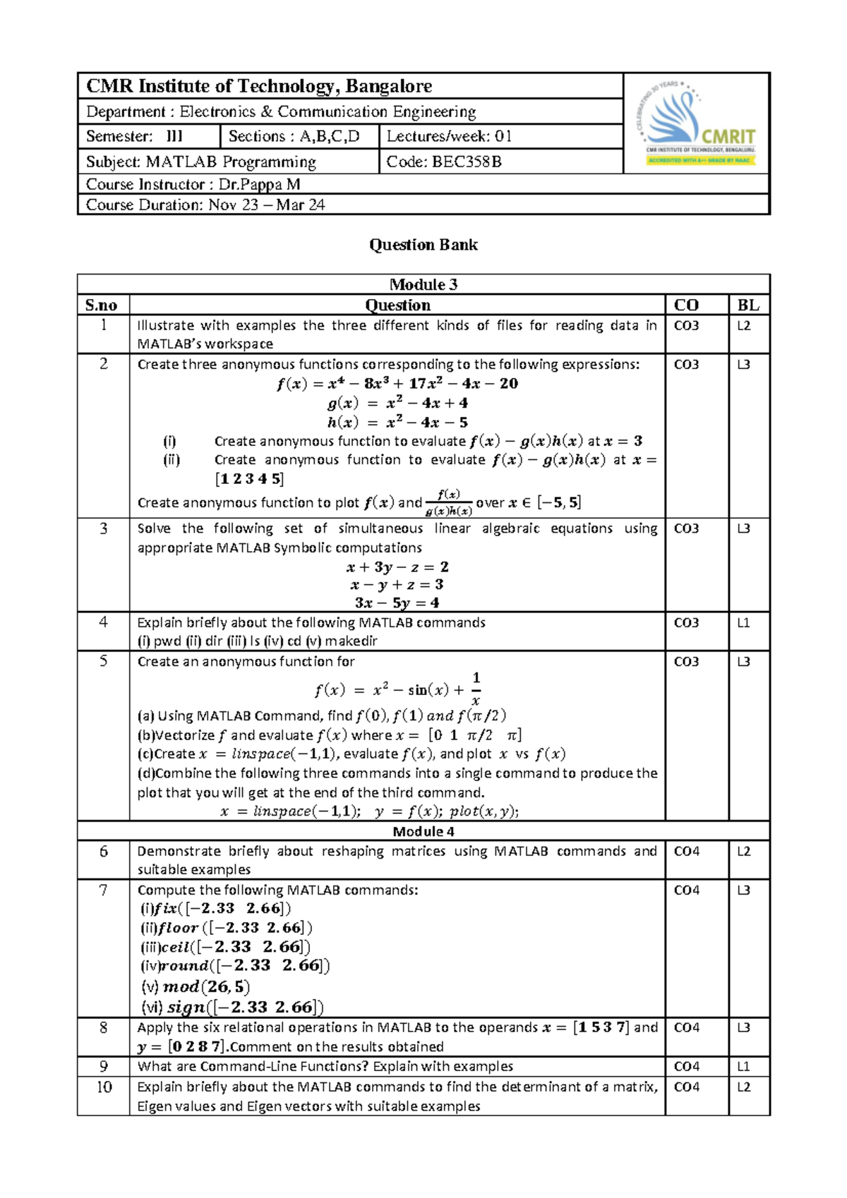 BEC358B - MATLAB Programming Question Bank for Modules 3, 4 & 5 - Studocu
