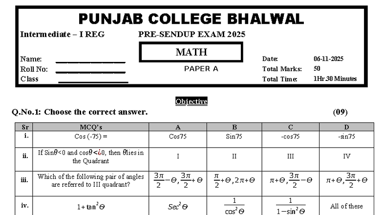 PUNJAB COLLEGE BHALWAL Intermediate I MATH EXAM 2025 Paper A & B - Studocu