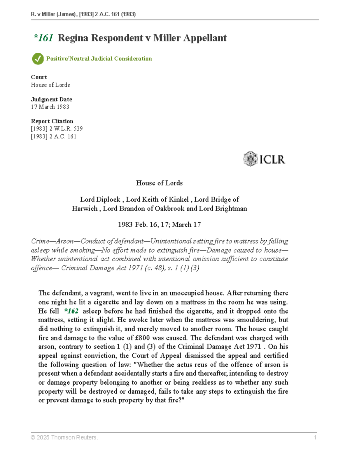 R v Miller (James): Arson and Criminal Liability Analysis - Studocu