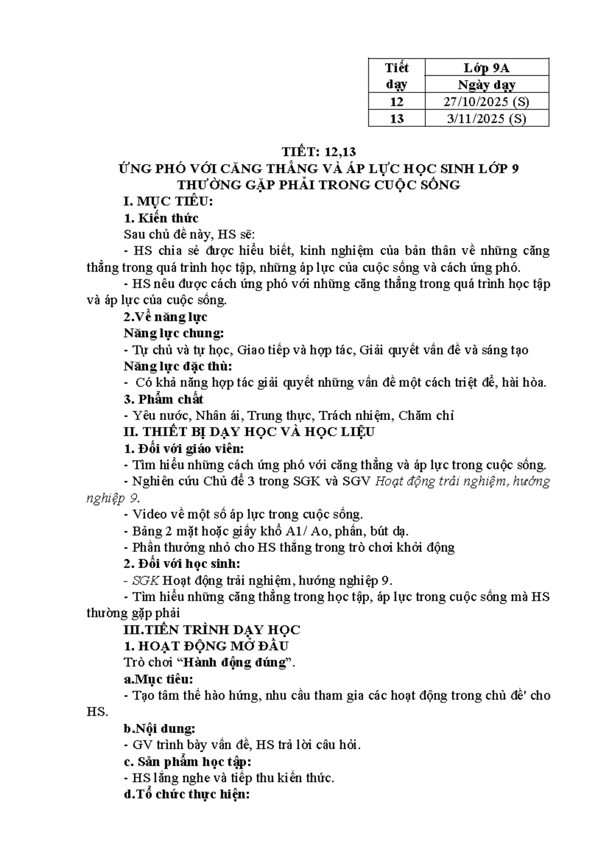 HDGD K9: Ứng Phó Với Căng Thẳng Trong Cuộc Sống (Tiết 12, 13) - Studocu