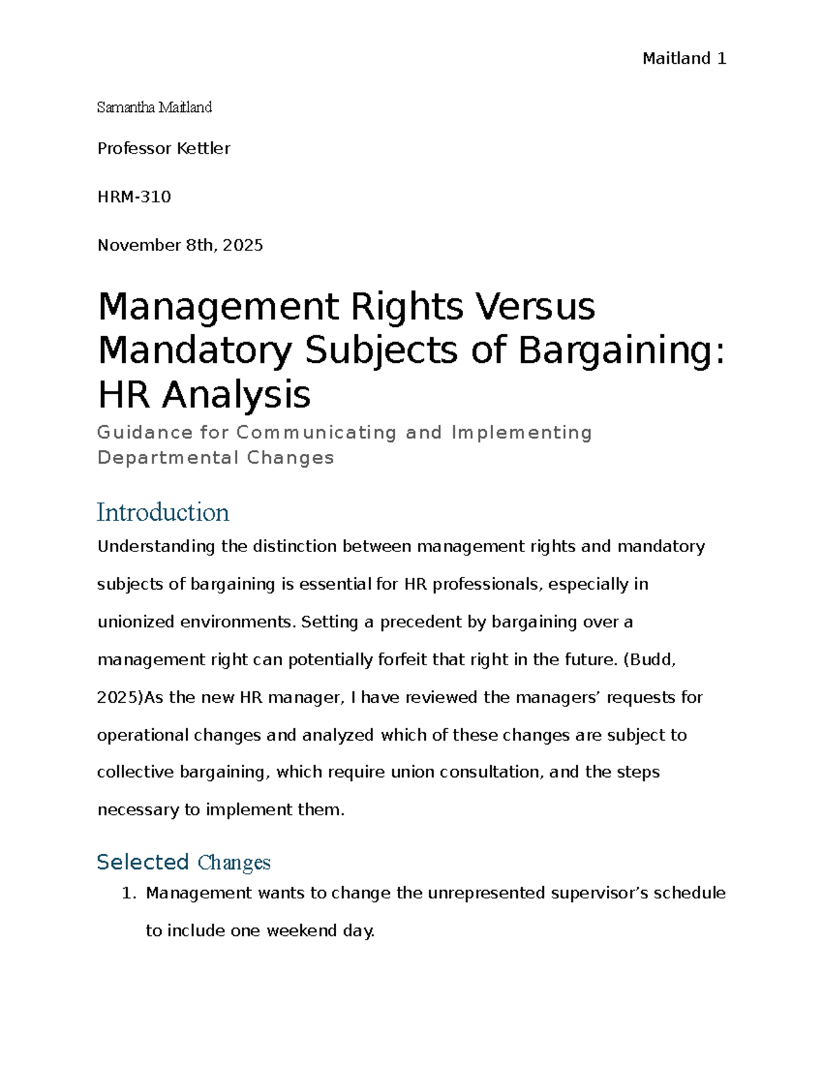 Management Rights vs. Mandatory Bargaining Subjects: HR Analysis (MGT ...