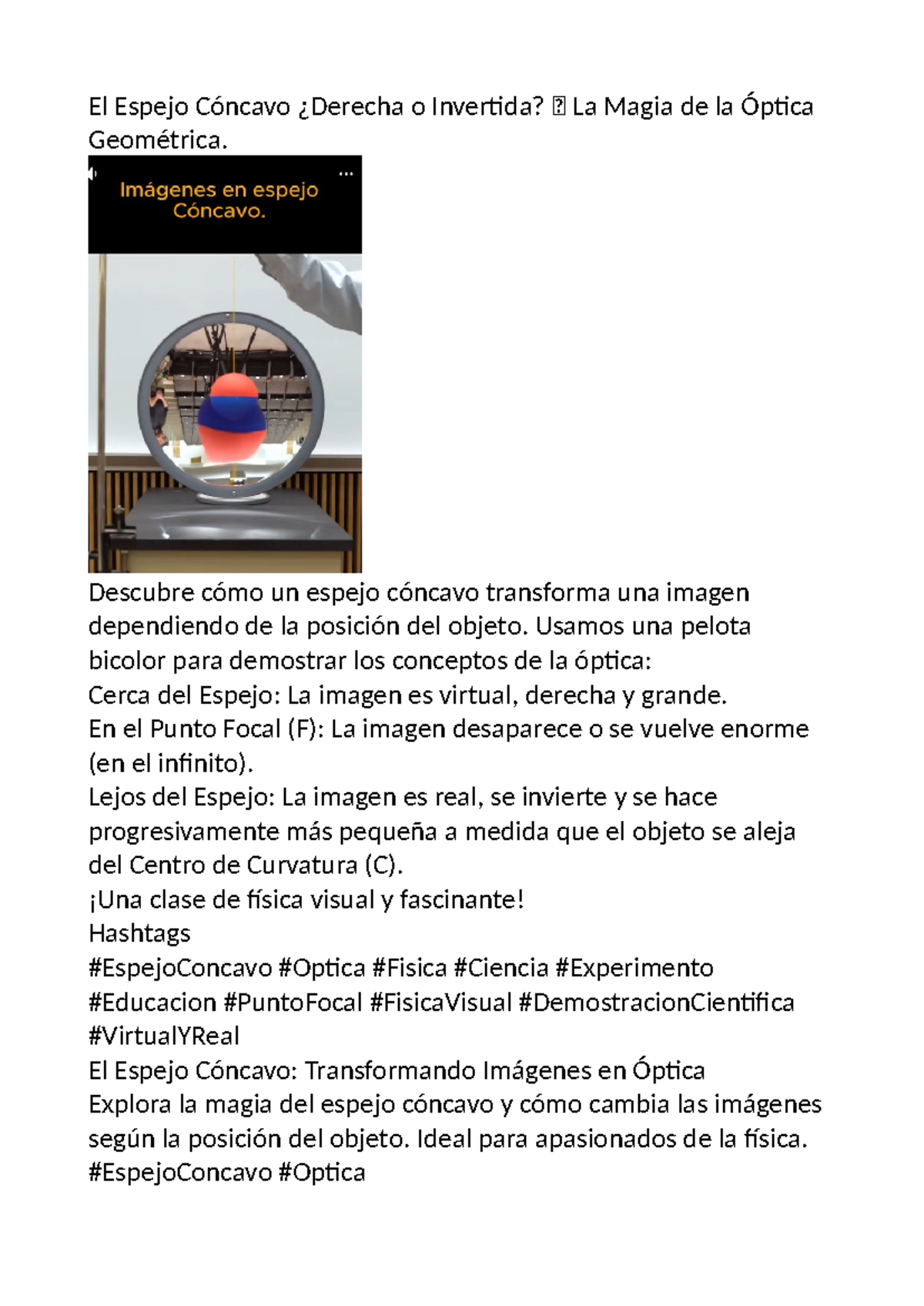 El Espejo Cóncavo: Transformación de Imágenes en Óptica - Studocu